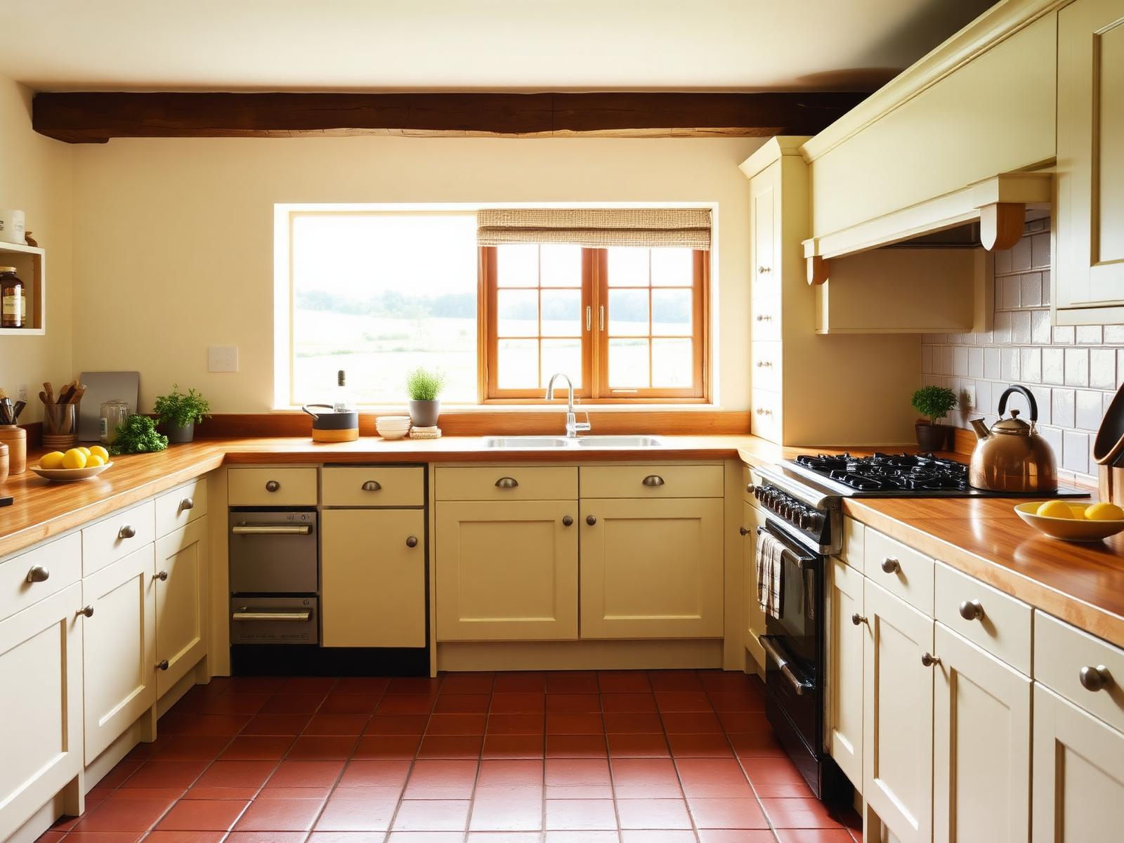 Farmhouse kitchen at Danu Lodge with cream cabinetry and field views