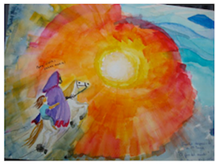 Watercolour mandala — a rider travelling toward a great sun, painted during Celtic Holotropic Breathwork integration